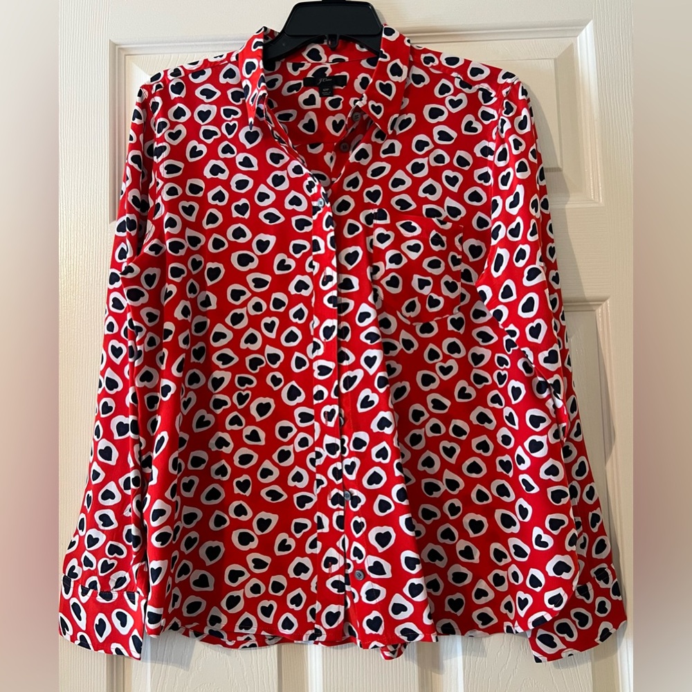 J. Crew Women’s Silk Button Down Shirt in Heart Print Size 12P